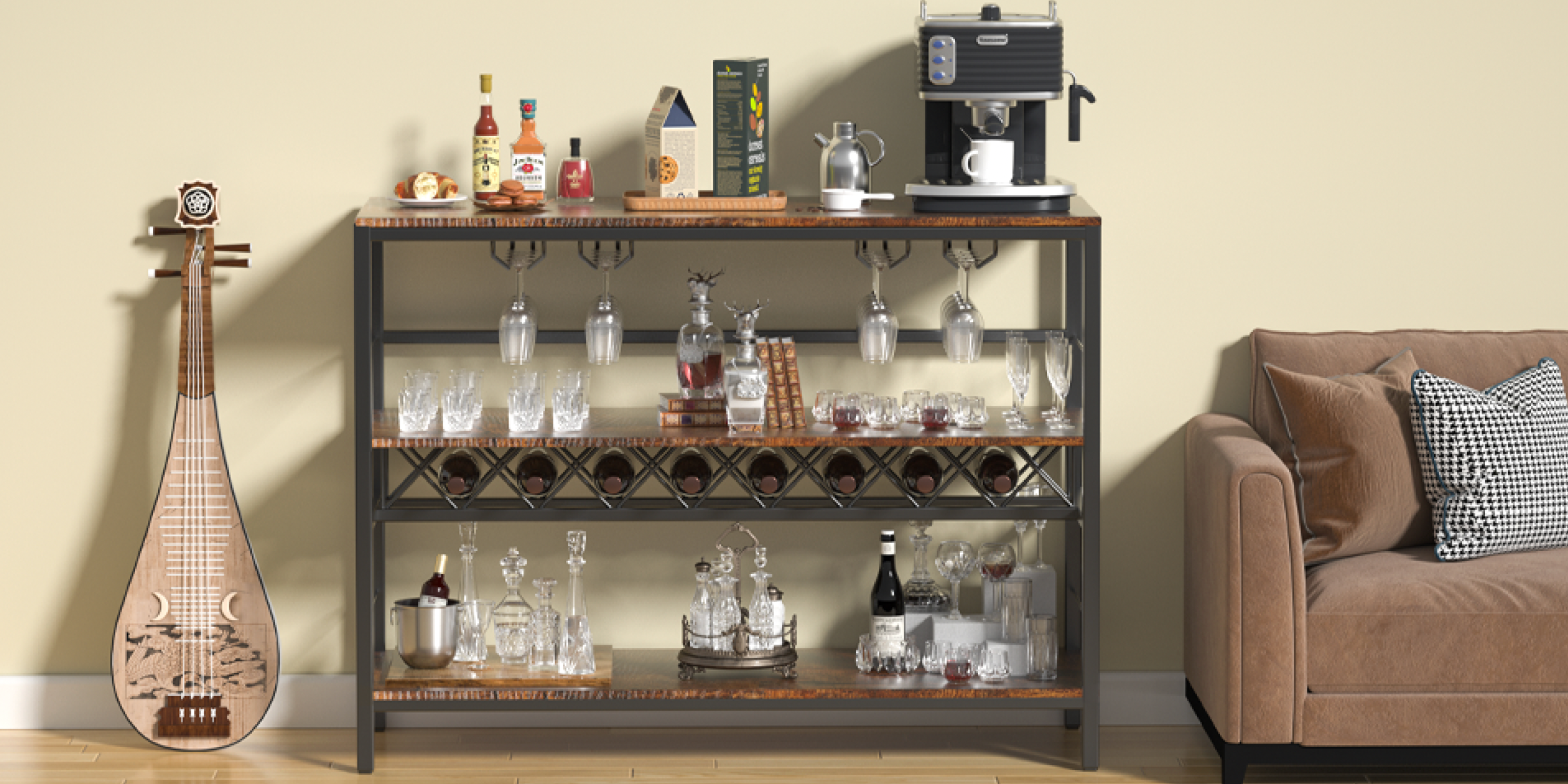  COZY EAGLE Carrito de barra de café, carritos de bar para el  hogar, carrito de mini bar, gabinete de barra de café con almacenamiento,  estante de vino, mini mesa de café