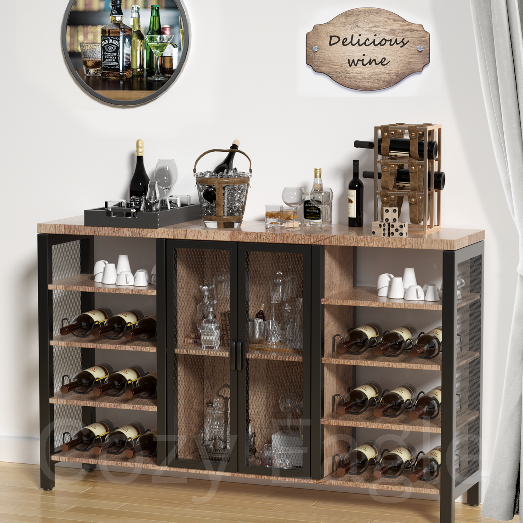 Cozy Eagle Industrial Wine Bar Cabinet Coffee Bar Table with Storage 