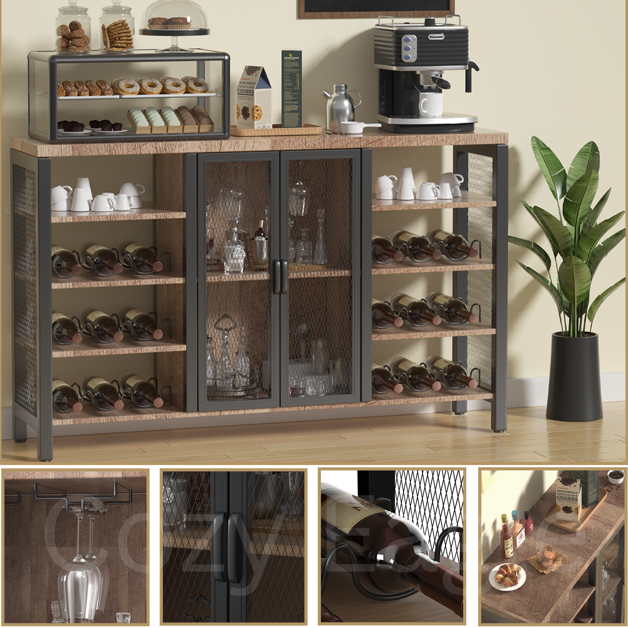 Industrial Bar Cabinet for Liquor and Glasses Coffee Bar Cabinet